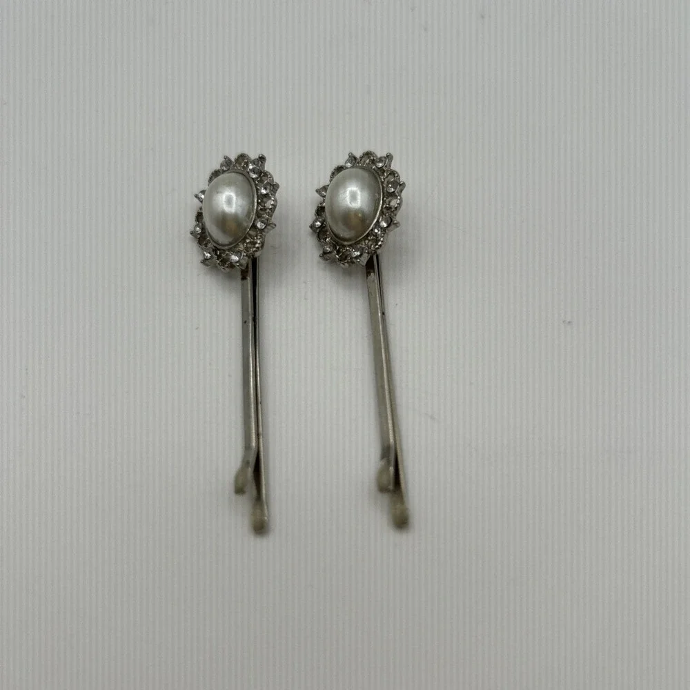 Unbranded Hair Pins Women OS Silver Faux Pearl Rhinestone Bobby Pin Set 2pc